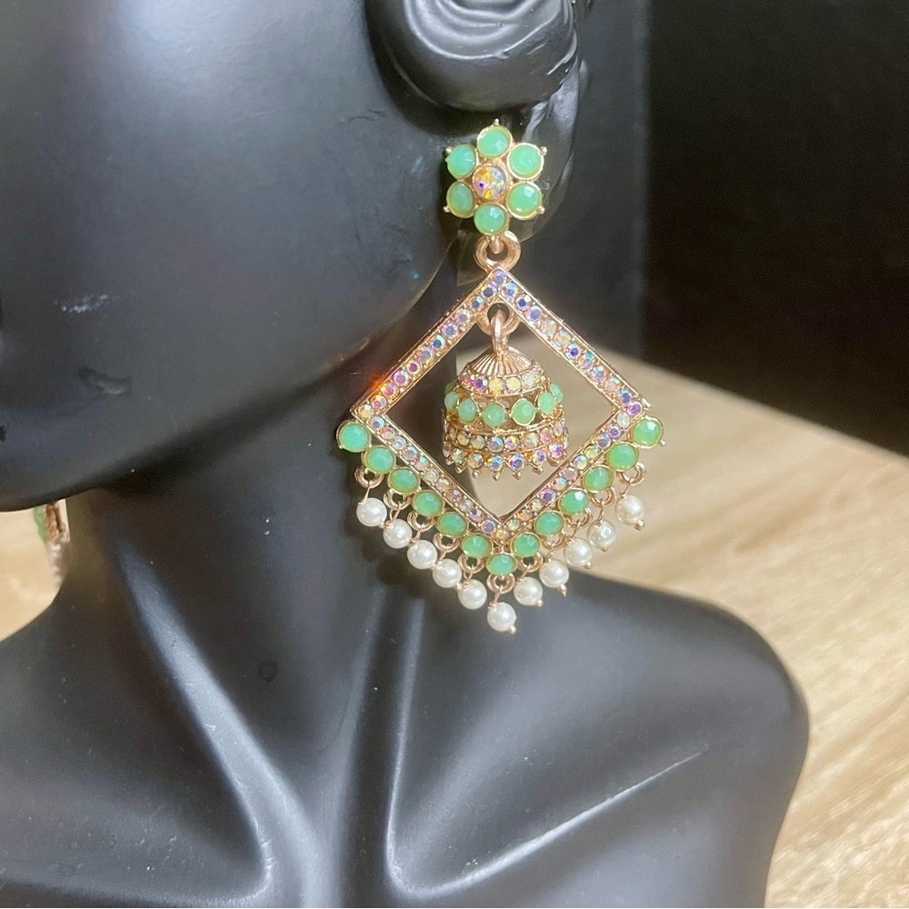 Pakistani Indian Bollywood Style Elegant Gold and Green Dangle Earrings